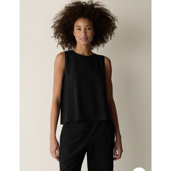 Eileen Fisher Tops - NWT Eileen Fisher Silk Georgette Crepe Tank Top XS Black Wide Shell Boxy Classic